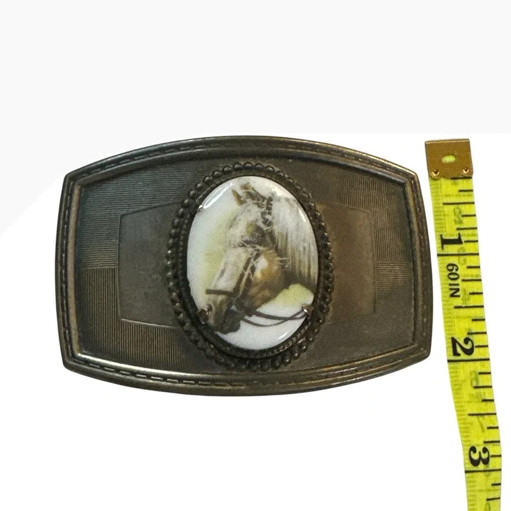 Vintage Western Horse Portrait Belt Buckle Antiqued Brass Tone Ceramic Cabochon